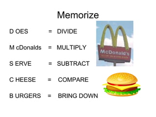 Memorize D OES = DIVIDE M cDonalds = MULTIPLY S ERVE = SUBTRACT C HEESE = COMPARE B URGERS = BRING DOWN