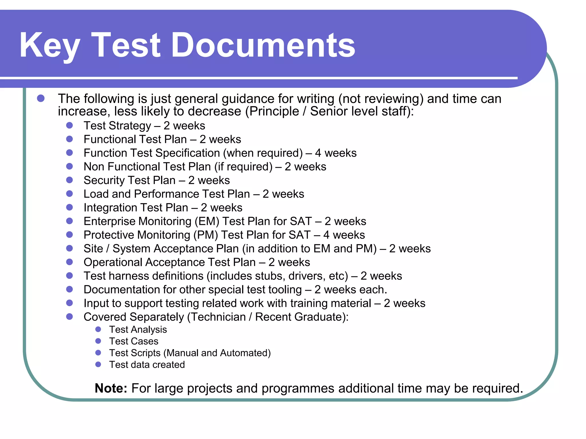 Key Test Documents
 The following is just general guidance for writing (not reviewing) and time can
  increase, less likely to decrease (Principle / Senior level staff):
        Test Strategy – 2 weeks
        Functional Test Plan – 2 weeks
        Function Test Specification (when required) – 4 weeks
        Non Functional Test Plan (if required) – 2 weeks
        Security Test Plan – 2 weeks
        Load and Performance Test Plan – 2 weeks
        Integration Test Plan – 2 weeks
        Enterprise Monitoring (EM) Test Plan for SAT – 2 weeks
        Protective Monitoring (PM) Test Plan for SAT – 4 weeks
        Site / System Acceptance Plan (in addition to EM and PM) – 2 weeks
        Operational Acceptance Test Plan – 2 weeks
        Test harness definitions (includes stubs, drivers, etc) – 2 weeks
        Documentation for other special test tooling – 2 weeks each.
        Input to support testing related work with training material – 2 weeks
        Covered Separately (Technician / Recent Graduate):
              Test Analysis
              Test Cases
              Test Scripts (Manual and Automated)
              Test data created

           Note: For large projects and programmes additional time may be required.
 
