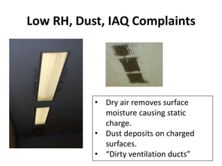 Low RH, Dust, IAQ Complaints




           • Dry air removes surface
             moisture causing static
             charge.
           • Dust deposits on charged
             surfaces.
           • “Dirty ventilation ducts”
 