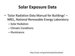 Solar Exposure Data
• ‘Solar Radiation Data Manual for Buildings’ –
  NREL, National Renewable Energy Laboratory
  – Solar Radiation
  – Climatic Conditions
  – Illuminance




                    http://rredc.nrel.gov/solar/pubs/bluebook/
 