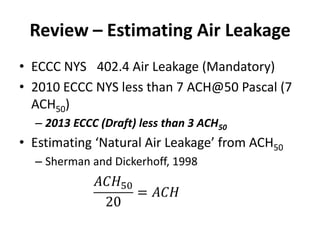 Review – Estimating Air Leakage
• ECCC NYS 402.4 Air Leakage (Mandatory)
• 2010 ECCC NYS less than 7 ACH@50 Pascal (7
  ACH50)
  – 2013 ECCC (Draft) less than 3 ACH50
• Estimating ‘Natural Air Leakage’ from ACH50
  – Sherman and Dickerhoff, 1998
 
