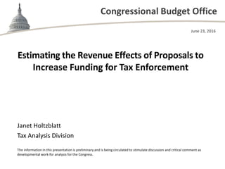 Congressional Budget Office
Estimating the Revenue Effects of Proposals to
Increase Funding for Tax Enforcement
June 23, 2016
Janet Holtzblatt
Tax Analysis Division
The information in this presentation is preliminary and is being circulated to stimulate discussion and critical comment as
developmental work for analysis for the Congress.
 