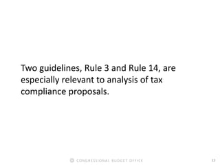 12CONGRESSIONAL BUDGET OFFICE
Two guidelines, Rule 3 and Rule 14, are
especially relevant to analysis of tax
compliance pr...