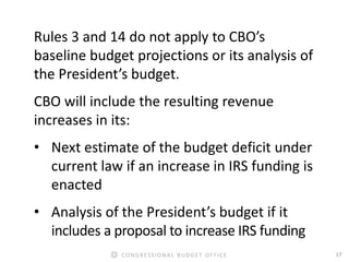 17CONGRESSIONAL BUDGET OFFICE
Rules 3 and 14 do not apply to CBO’s
baseline budget projections or its analysis of
the Pres...