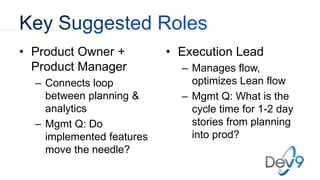 • Product Owner +
Product Manager
– Connects loop
between planning &
analytics
– Mgmt Q: Do
implemented features
move the needle?
• Execution Lead
– Manages flow,
optimizes Lean flow
– Mgmt Q: What is the
cycle time for 1-2 day
stories from planning
into prod?
 