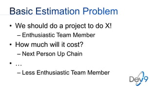 • We should do a project to do X!
– Enthusiastic Team Member
• How much will it cost?
– Next Person Up Chain
• …
– Less Enthusiastic Team Member
 