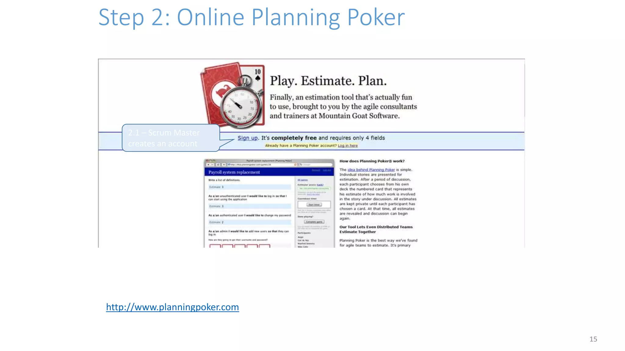 Step 2: Online Planning Poker
15
http://www.planningpoker.com
2.1 – Scrum Master
creates an account
 