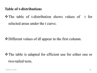 Table of t-distributions
The table of t-distribution shows values of t for
selected areas under the t curve.
Different values of df appear in the first column.
The table is adapted for efficient use for either one or
two-tailed tests.
October 6, 2023 36
 