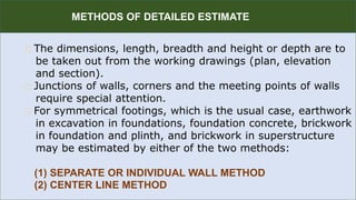 R
The dimensions, length, breadth and height or depth are to
be taken out from the working drawings (plan, elevation
and section).
Junctions of walls, corners and the meeting points of walls
require special attention.
For symmetrical footings, which is the usual case, earthwork
in excavation in foundations, foundation concrete, brickwork
in foundation and plinth, and brickwork in superstructure
may be estimated by either of the two methods:
(1) SEPARATE OR INDIVIDUAL WALL METHOD
(2) CENTER LINE METHOD
METHODS OF DETAILED ESTIMATE
 