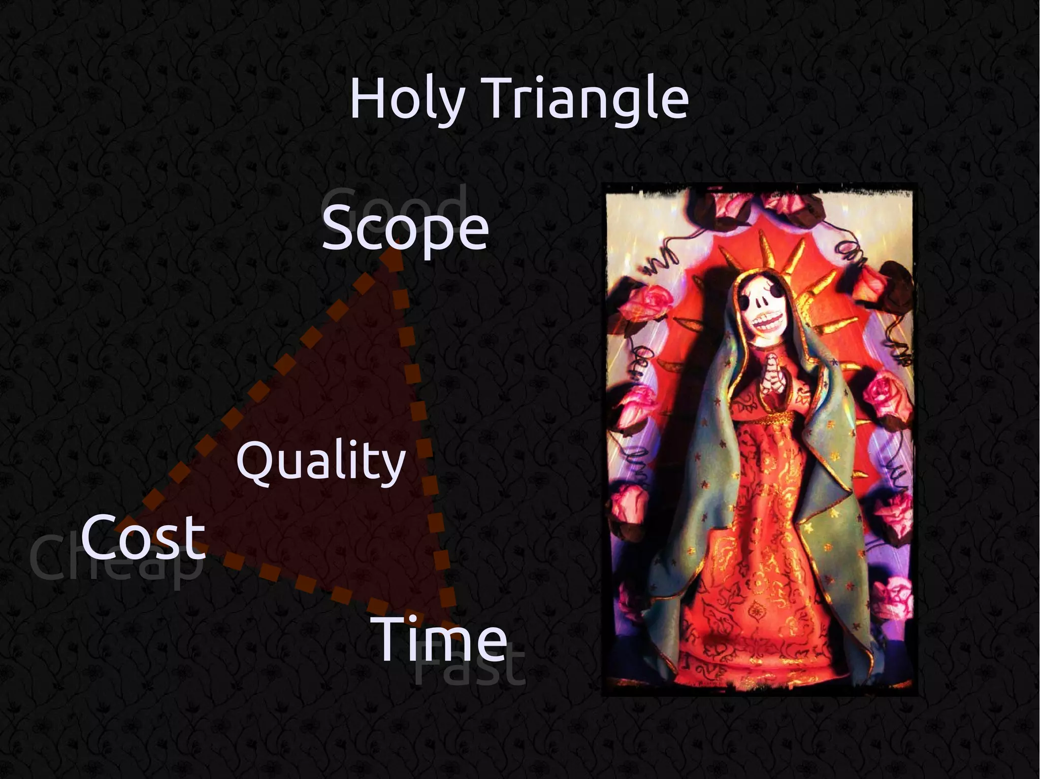 Holy Triangle
           Good
           Scope


        Quality
 Cost
Cheap
             Time
              Fast
 