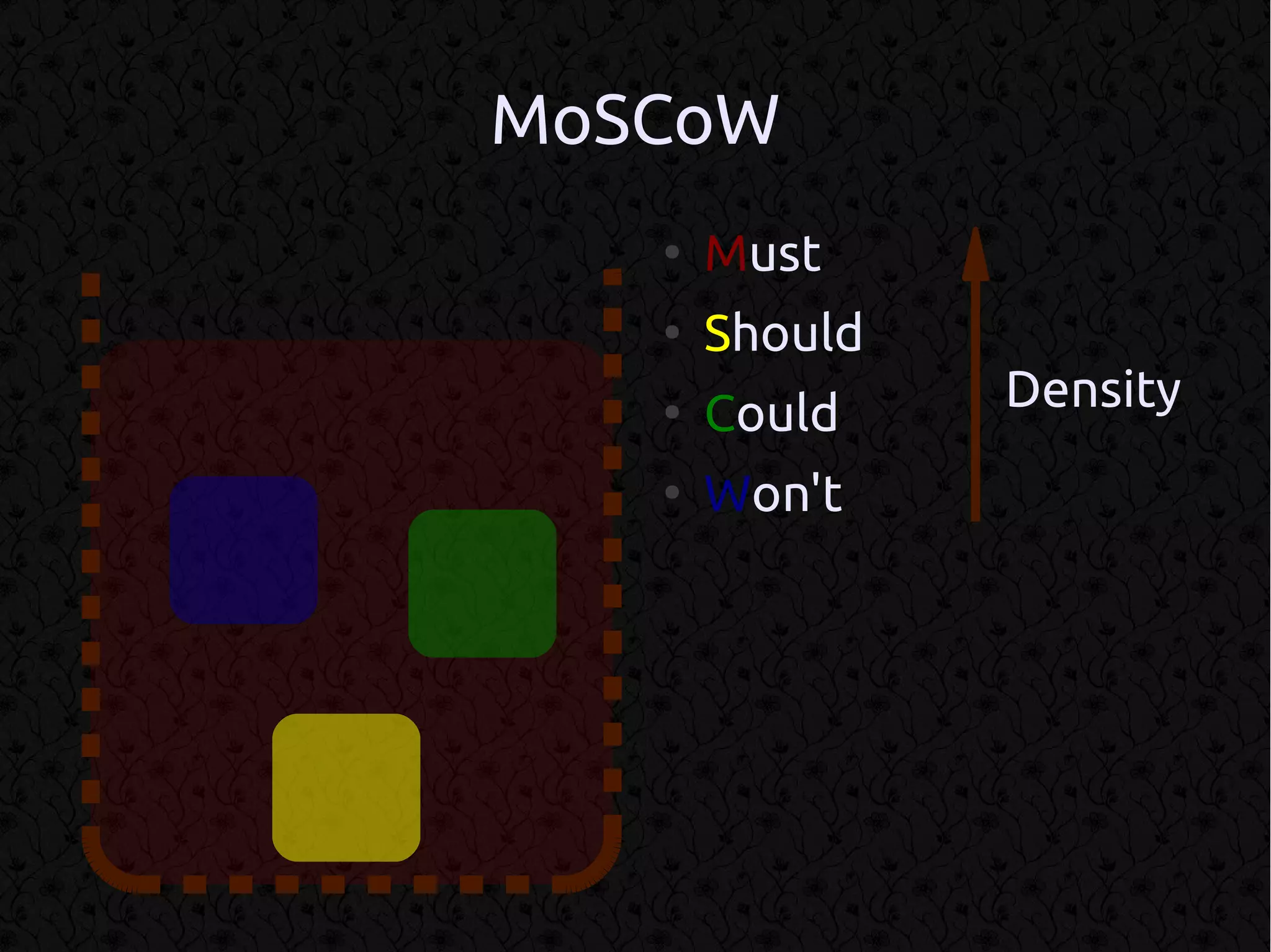 MoSCoW
   ●
       Must
   ●
       Should
   ●
       Could    Density
   ●
       Won't
 