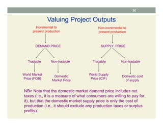 Valuing Project Outputs
Incremental to
present production
Non-incremental to
present production
DEMAND PRICE SUPPLY PRICE
Tradable Tradable Non-tradable
Non-tradable
World Market
Price (FOB)
Domestic
Market Price
Domestic cost
of supply
World Supply
Price (CIF)
NB> Note that the domestic market demand price includes net
taxes (i.e., it is a measure of what consumers are willing to pay for
it), but that the domestic market supply price is only the cost of
production (i.e., it should exclude any production taxes or surplus
profits).
30
 
