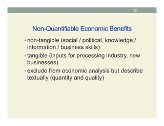 Non-Quantifiable Economic Benefits
non-tangible (social / political, knowledge /
information / business skills)
tangible (inputs for processing industry, new
businesses)
exclude from economic analysis but describe
textually (quantity and quality)
35
 