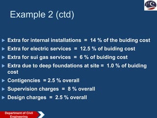 Example 2 (ctd)
 Extra for internal installations = 14 % of the buiding cost
 Extra for electric services = 12.5 % of buiding cost
 Extra for sui gas services = 6 % of buiding cost
 Extra due to deep foundations at site = 1.0 % of buiding
cost
 Contigencies = 2.5 % overall
 Supervision charges = 8 % overall
 Design charges = 2.5 % overall
Department of Civil
Engineering
 