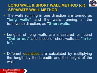 LONG WALL & SHORT WALL METHOD (or)
SEPARATE WALL METHOD
• The walls running in one direction are termed as
"long walls” and the walls running in the
transverse direction, as "Short walls.
• Lengths of long walls are measured or found
"Out-to out" and those of short walls as "In-to-
in".
• Different quantities are calculated by multiplying
the length by the breadth and the height of the
wall.
Department of Civil
Engineering
 