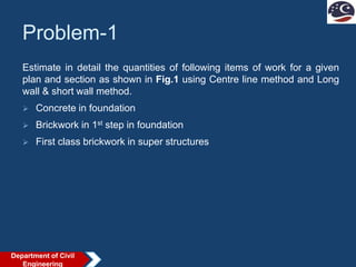 Problem-1
Estimate in detail the quantities of following items of work for a given
plan and section as shown in Fig.1 using Centre line method and Long
wall & short wall method.
 Concrete in foundation
 Brickwork in 1st step in foundation
 First class brickwork in super structures
Department of Civil
Engineering
 