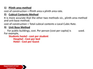 1) Plinth area method
cost of construction = Plinth area x plinth area rate.
2) Cubical Contents Method
It is more accurate that the other two methods viz., plinth area method
and unit base method.
cost of construction = Total cubical contents x Local Cubic Rate.
3) Unit Base Method
. For public buildings, cost. Per person (cost per capita) is used.
For example,
Students hostel - cost per student
Hospital - Cost per bed
Hotel - Cost per Guest
Department of Civil
Engineering
 