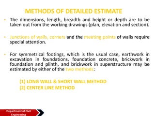 METHODS OF DETAILED ESTIMATE
• The dimensions, length, breadth and height or depth are to be
taken out from the working drawings (plan, elevation and section).
• Junctions of walls, corners and the meeting points of walls require
special attention.
• For symmetrical footings, which is the usual case, earthwork in
excavation in foundations, foundation concrete, brickwork in
foundation and plinth, and brickwork in superstructure may be
estimated by either of the two methods:
(1) LONG WALL & SHORT WALL METHOD
(2) CENTER LINE METHOD
Department of Civil
Engineering
 