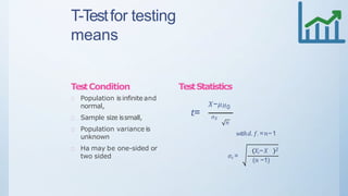 T-Testfor testing
means
TestCondition
Population is infinite and
normal,
Sample size issmall,
Population variance is
unknown
Ha may be one-sided or
two sided
TestStatistics
𝑋−𝜇 𝐻0
𝑡= 𝜎 𝑠
𝑛
𝑤𝑖𝑡ℎ 𝑑. 𝑓.= 𝑛−1
𝜎𝑠 =
𝑋𝑖−𝑋 2
(𝑛 −1)
 