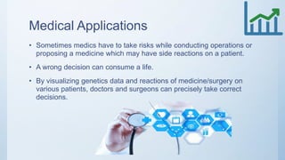 Medical Applications
• Sometimes medics have to take risks while conducting operations or
proposing a medicine which may have side reactions on a patient.
• A wrong decision can consume a life.
• By visualizing genetics data and reactions of medicine/surgery on
various patients, doctors and surgeons can precisely take correct
decisions.
 