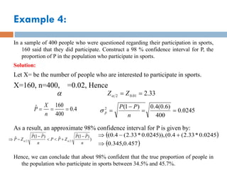 Example 4:
In a sample of 400 people who were questioned regarding their participation in sports,
160 said that they did participate. Construct a 98 % confidence interval for P, the
proportion of P in the population who participate in sports.
Solution:
Let X= be the number of people who are interested to participate in sports.
X=160, n=400, =0.02, Hence
As a result, an approximate 98% confidence interval for P is given by:
Hence, we can conclude that about 98% confident that the true proportion of people in
the population who participate in sports between 34.5% and 45.7%.
33
.
2
01
.
0
2 =
= Z
Z

4
.
0
400
160
ˆ =
=
=
n
X
P 0245
.
0
400
)
6
.
0
(
4
.
0
)
1
(
2
ˆ =
=
−
=
n
P
P
P

)
)
ˆ
1
(
ˆ
ˆ
)
ˆ
1
(
ˆ
ˆ
2
2
n
P
P
Z
P
P
n
P
P
Z
P
−
+


−
−
 

( )
( )
457
.
0
,
345
.
0
0245
.
0
*
33
.
2
(
4
.
0
(
)),
0245
.
0
*
33
.
2
(
4
.
0
(

+
−

 