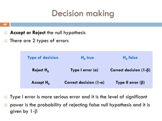 Decision making
48
 Accept or Reject the null hypothesis
 There are 2 types of errors
 Type I error is more serious error and it is the level of significant
 power is the probability of rejecting false null hypothesis and it is
given by 1-β
Type of decision H0 true H0 false
Reject H0 Type I error (a) Correct decision (1-β)
Accept H0 Correct decision (1-a) Type II error (β)
 