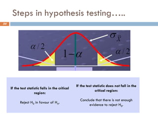 Steps in hypothesis testing…..
54
If the test statistic falls in the critical
region:
Reject H0 in favour of HA.
If the test statistic does not fall in the
critical region:
Conclude that there is not enough
evidence to reject H0.
 