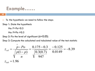 Example……
65
 To the hypothesis we need to follow the steps
Step 1: State the hypothesis
Ho: P=Po=0.3
Ha: P≠Po ≠0.3
Step 2: Fix the level of significant (α=0.05)
Step 3: Compute the calculated and tabulated value of the test statistic
96
.
1
39
.
8
0149
.
0
125
.
0
947
)
7
.
0
(
3
.
0
3
.
0
175
.
0
)
1
(
=
−
=
−
=
−
=
−
−
=

tab
cal
z
n
p
p
Po
p
z
 