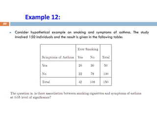 Example 12:
Consider hypothetical example on smoking and symptoms of asthma. The study
involved 150 individuals and the result is given in the following table:
80
 