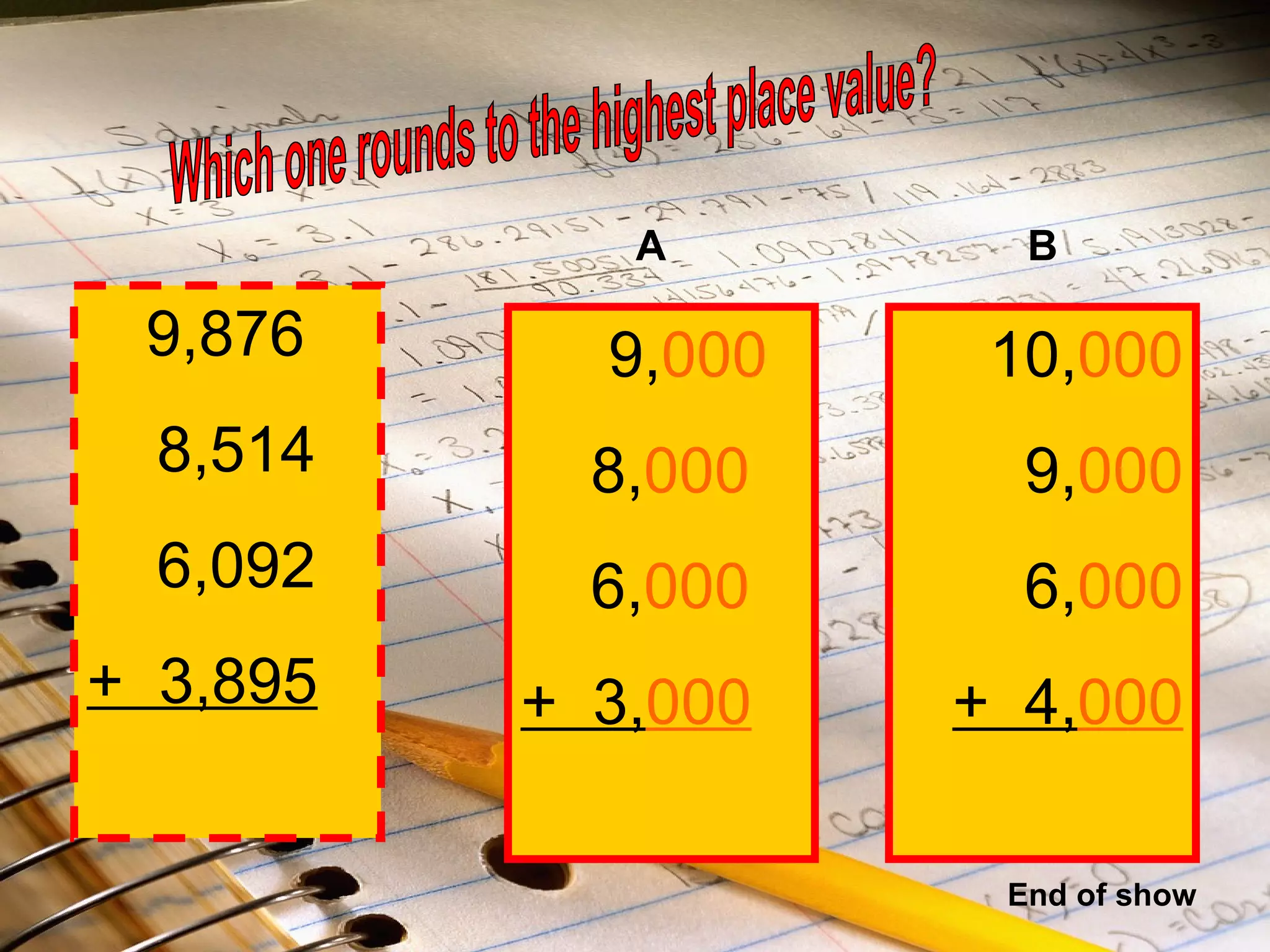 9,876 8,514 6,092 +  3,895 9, 000 8, 000 6, 000 +  3, 000 10, 000 9, 000 6, 000 +  4, 000 Which one rounds to the highest place value? A B End of show 