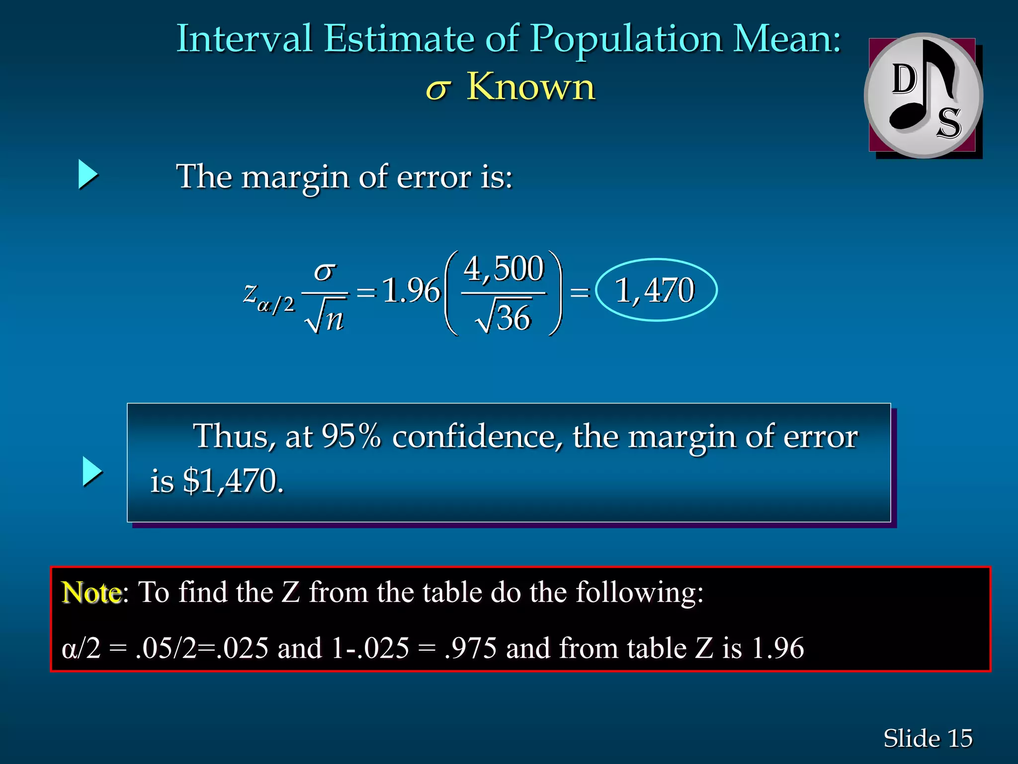 15Slide
The margin of error is:

s  
  
 
/2
4,500
1.96 1,470
36
z
n
Thus, at 95% confidence, the margin of error
is $1,470.
D
Interval Estimate of Population Mean:
s Known
Note: To find the Z from the table do the following:
α/2 = .05/2=.025 and 1-.025 = .975 and from table Z is 1.96
 