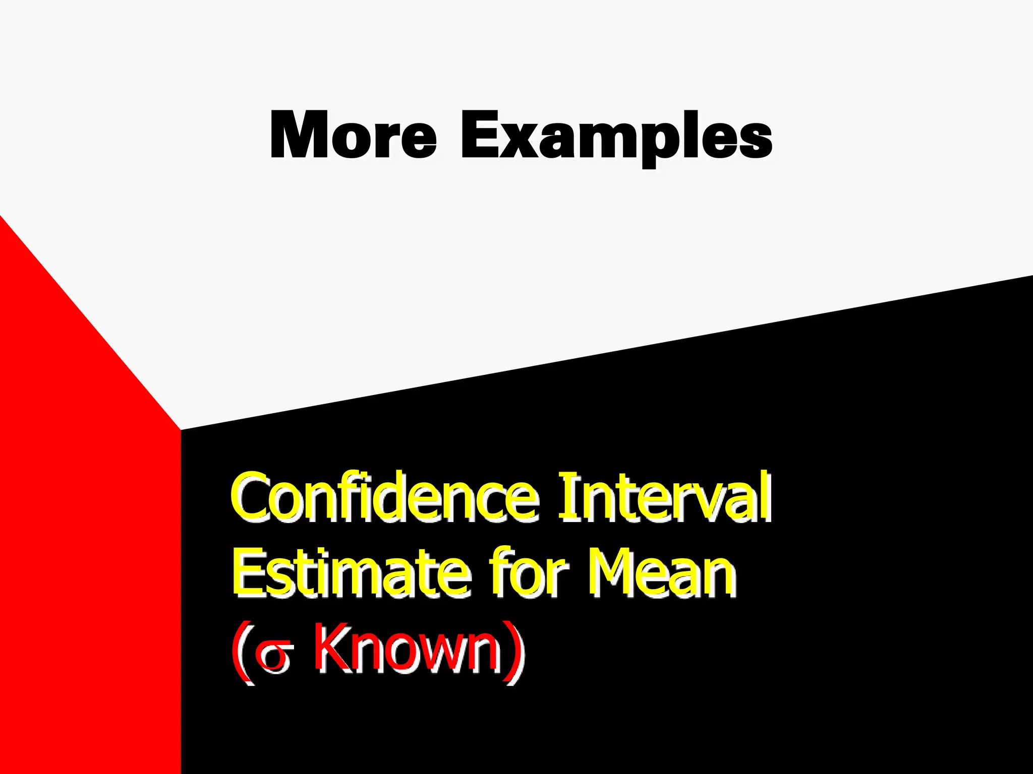 Confidence Interval
Estimate for Mean
(s Known)
More Examples
 