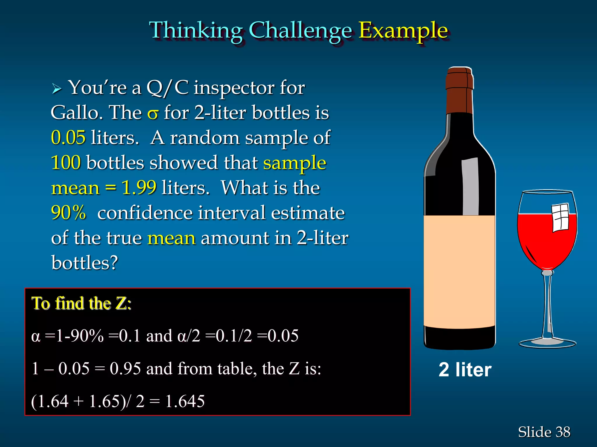 38Slide
Thinking Challenge Example
 You’re a Q/C inspector for
Gallo. The s for 2-liter bottles is
0.05 liters. A random sample of
100 bottles showed that sample
mean = 1.99 liters. What is the
90% confidence interval estimate
of the true mean amount in 2-liter
bottles?
2 liter
To find the Z:
α =1-90% =0.1 and α/2 =0.1/2 =0.05
1 – 0.05 = 0.95 and from table, the Z is:
(1.64 + 1.65)/ 2 = 1.645
 