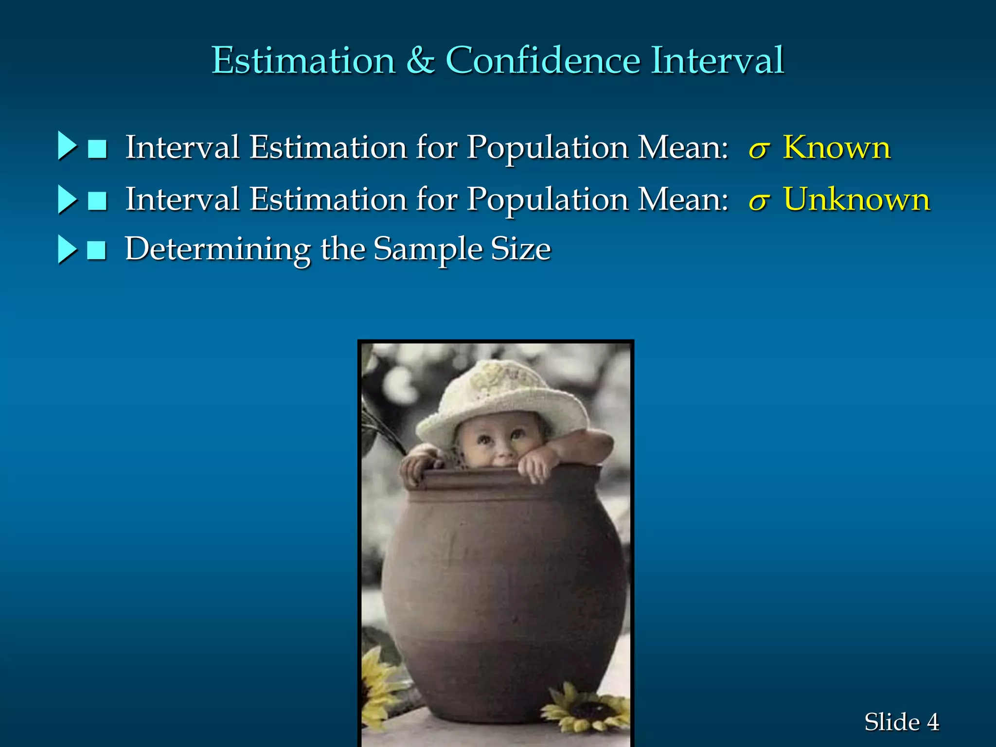 4Slide
Estimation & Confidence Interval
 Interval Estimation for Population Mean: s Known
 Interval Estimation for Population Mean: s Unknown
 Determining the Sample Size
 