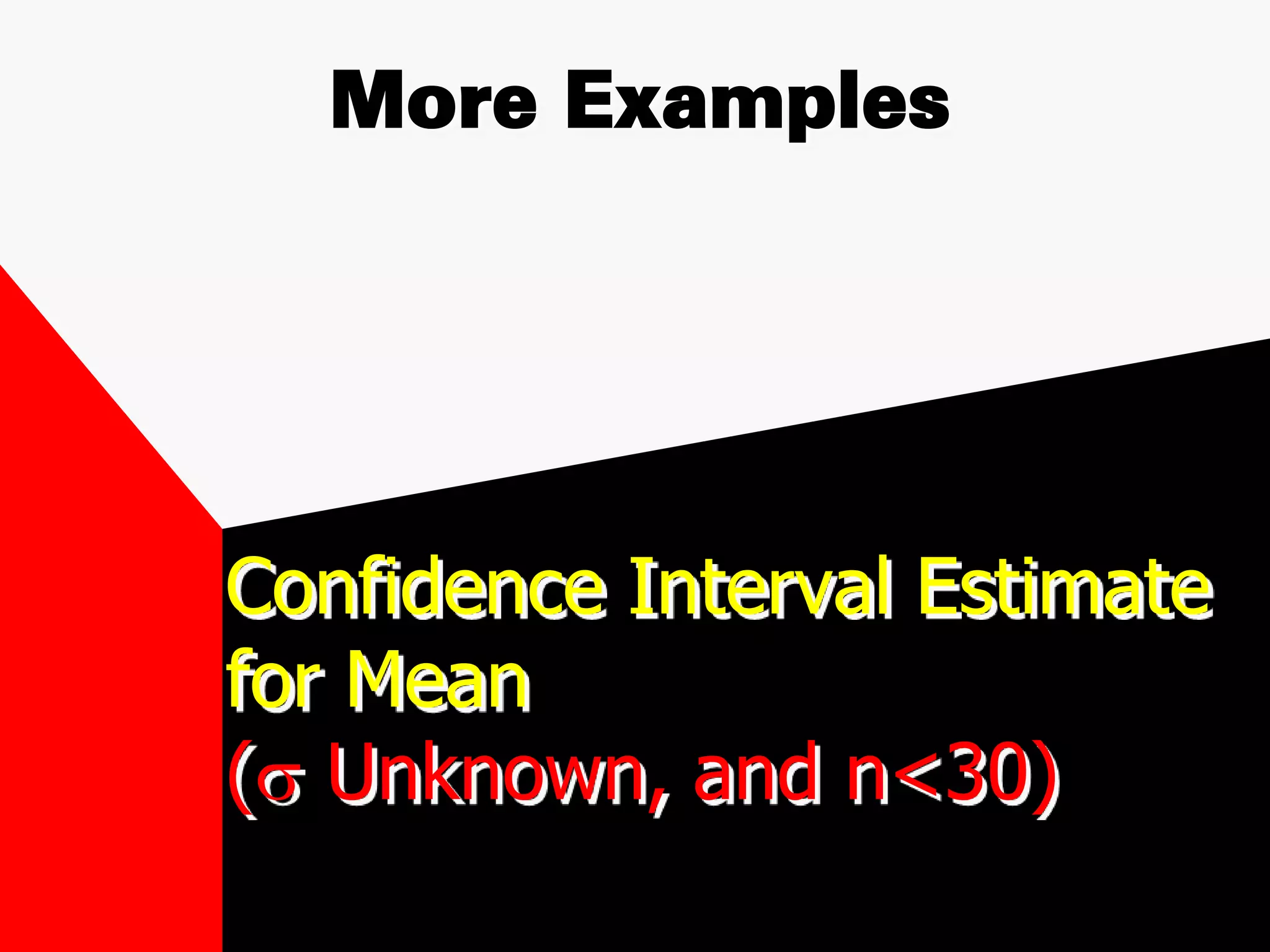 Confidence Interval Estimate
for Mean
(s Unknown, and n<30)
More Examples
 