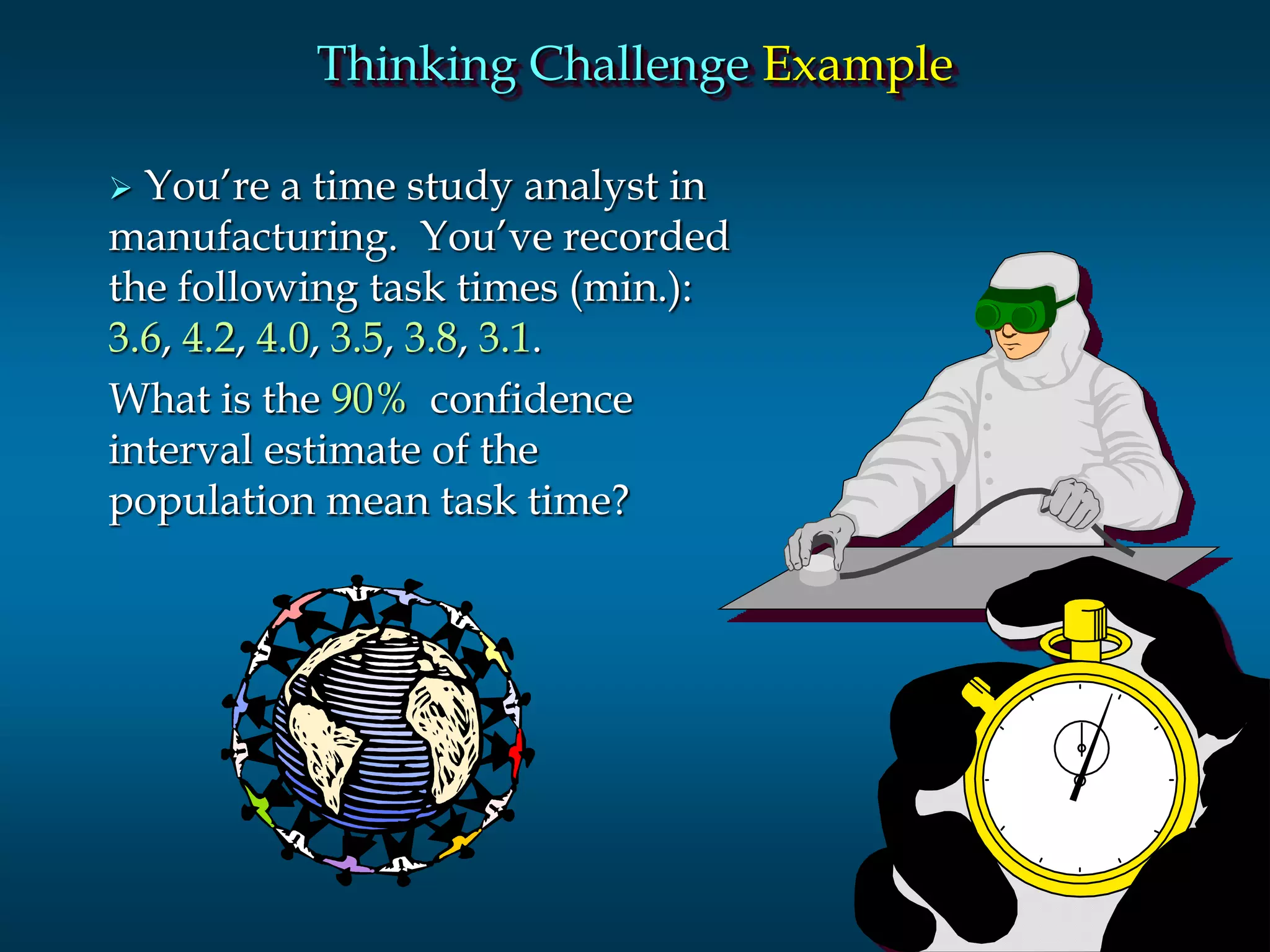 44Slide
Thinking Challenge Example
 You’re a time study analyst in
manufacturing. You’ve recorded
the following task times (min.):
3.6, 4.2, 4.0, 3.5, 3.8, 3.1.
What is the 90% confidence
interval estimate of the
population mean task time?
 