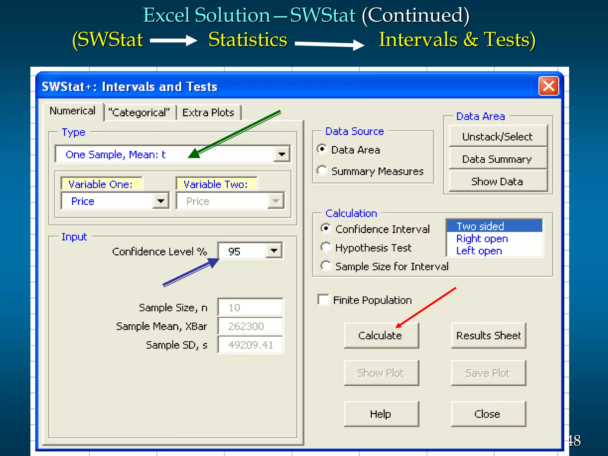 48Slide
Excel Solution—SWStat (Continued)
(SWStat Statistics Intervals & Tests)
 