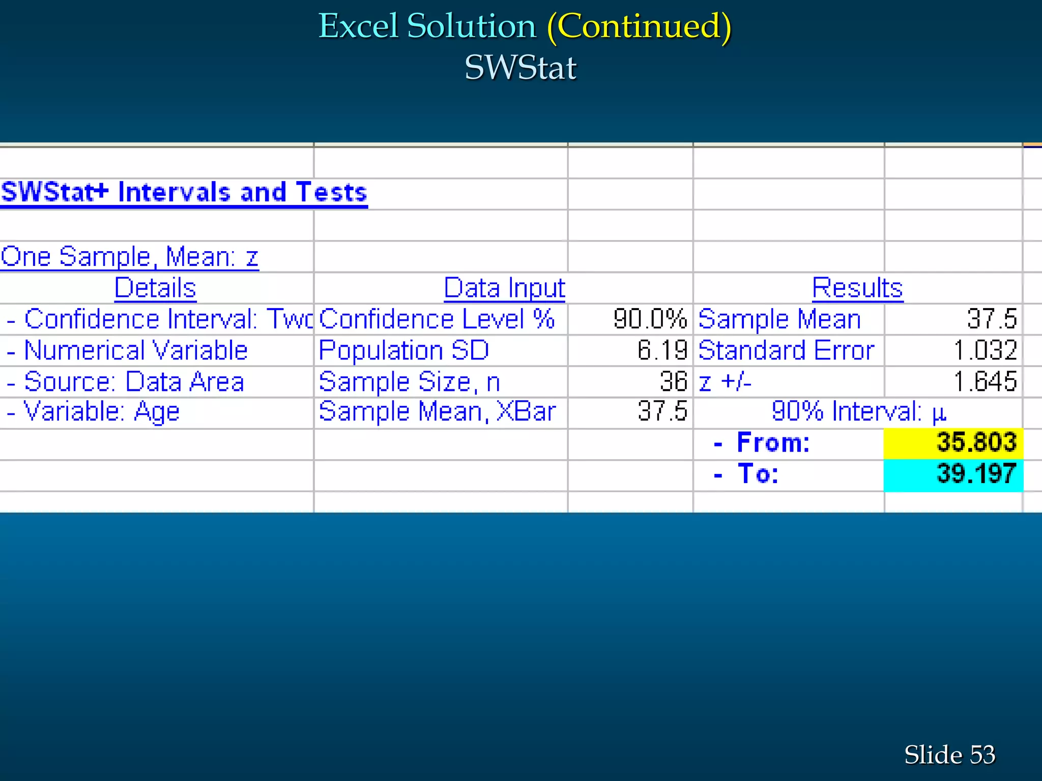 53Slide
Excel Solution (Continued)
SWStat
 