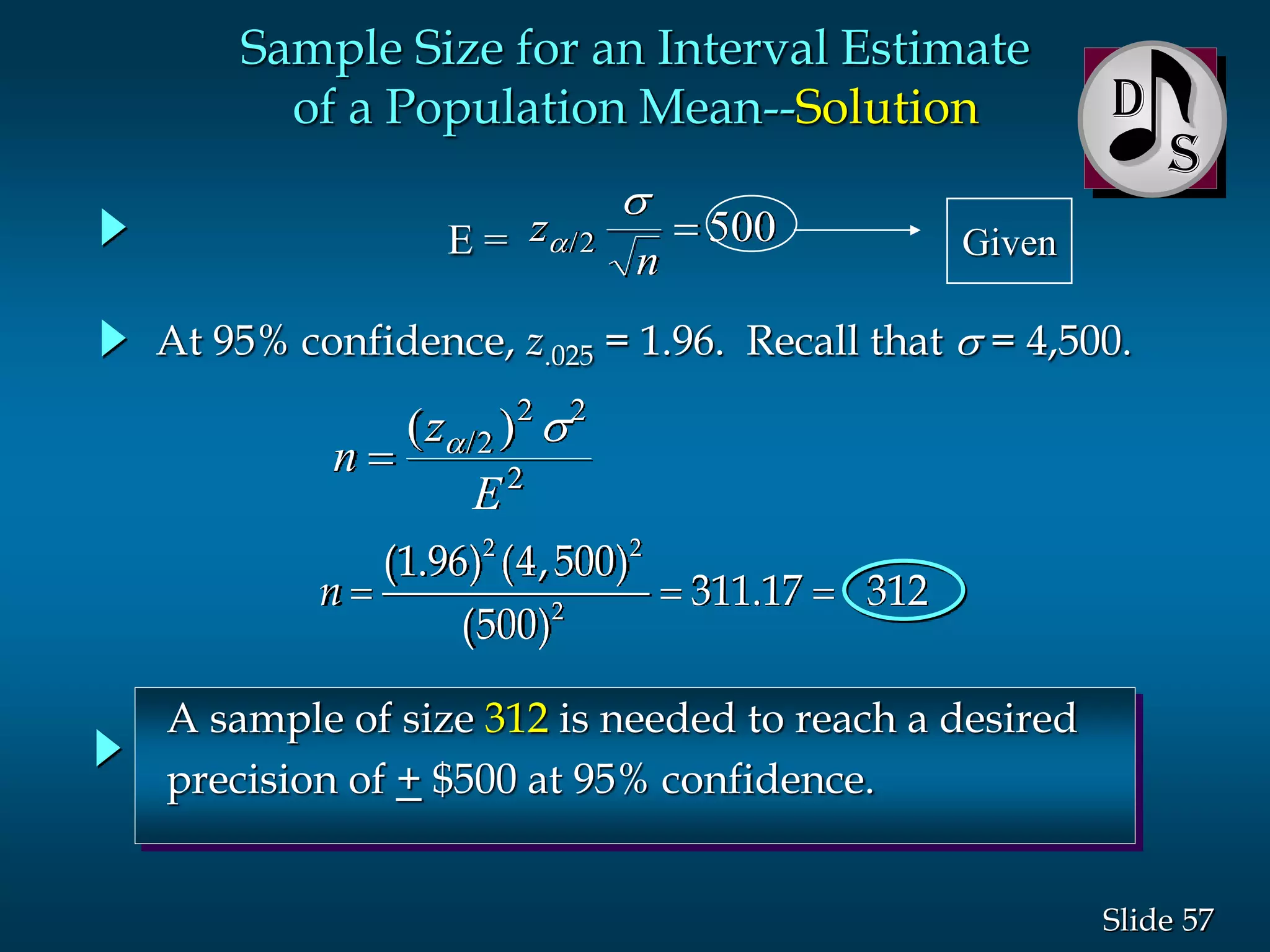 57Slide
At 95% confidence, z.025 = 1.96. Recall that s= 4,500.
z
n

s
/2 500
2 2
2
(1.96) (4,500)
311.17 312
(500)
n   
Sample Size for an Interval Estimate
of a Population Mean--Solution D
A sample of size 312 is needed to reach a desired
precision of + $500 at 95% confidence.
n
z
E

( )/ s2
2 2
2
E = Given
 