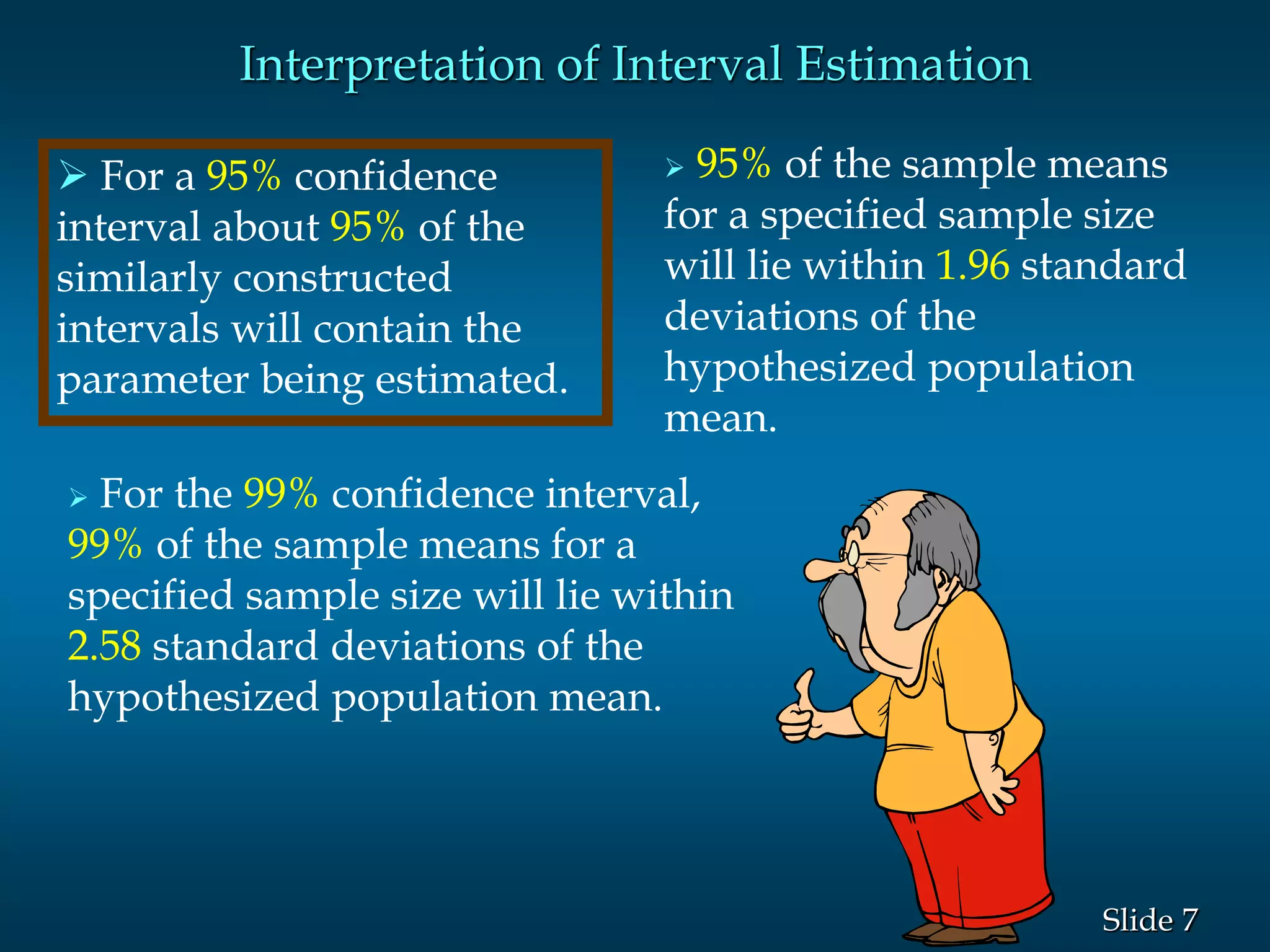 7Slide
 For the 99% confidence interval,
99% of the sample means for a
specified sample size will lie within
2.58 standard deviations of the
hypothesized population mean.
 95% of the sample means
for a specified sample size
will lie within 1.96 standard
deviations of the
hypothesized population
mean.
 For a 95% confidence
interval about 95% of the
similarly constructed
intervals will contain the
parameter being estimated.
Interpretation of Interval Estimation
 