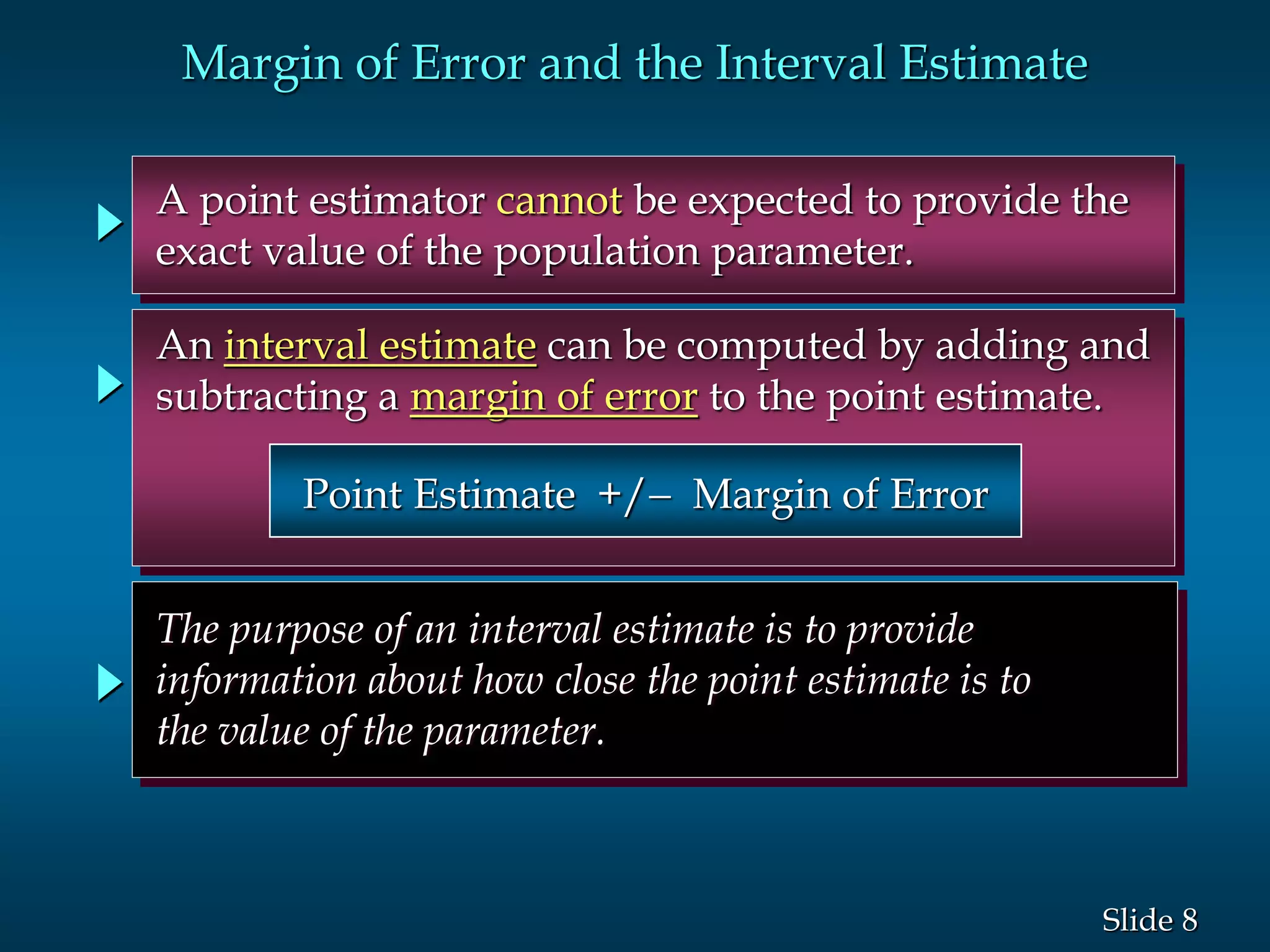 8Slide
A point estimator cannot be expected to provide the
exact value of the population parameter.
An interval estimate can be computed by adding and
subtracting a margin of error to the point estimate.
Point Estimate +/- Margin of Error
The purpose of an interval estimate is to provide
information about how close the point estimate is to
the value of the parameter.
Margin of Error and the Interval Estimate
 