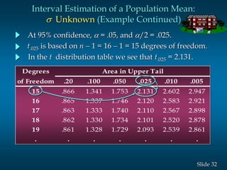 32Slide
At 95% confidence,  = .05, and /2 = .025.
Degrees Area in Upper Tail
of Freedom .20 .100 .050 .025 .010 .005
15 .866 1.341 1.753 2.131 2.602 2.947
16 .865 1.337 1.746 2.120 2.583 2.921
17 .863 1.333 1.740 2.110 2.567 2.898
18 .862 1.330 1.734 2.101 2.520 2.878
19 .861 1.328 1.729 2.093 2.539 2.861
. . . . . . .
In the t distribution table we see that t.025 = 2.131.
t.025 is based on n - 1 = 16 - 1 = 15 degrees of freedom.
Interval Estimation of a Population Mean:
s Unknown (Example Continued)
 