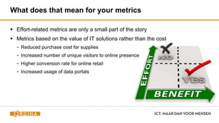 What does that mean for your metrics
 Effort-related metrics are only a small part of the story
 Metrics based on the value of IT solutions rather than the cost
− Reduced purchase cost for supplies
− Increased number of unique visitors to online presence
− Higher conversion rate for online retail
− Increased usage of data portals
 