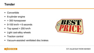 Tender
 Convertible
 6-cylinder engine
 > 300 horsepower
 0-100 km/h < 6 seconds
 Top speed > 250 km/h
 Light cast-alloy wheels
 Traction control
 Vacuum-assisted ventilated disc brakes
 