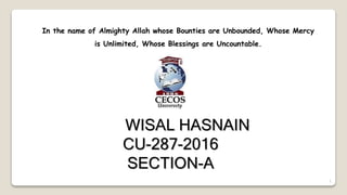 1
WISAL HASNAIN
CU-287-2016
SECTION-A
In the name of Almighty Allah whose Bounties are Unbounded, Whose Mercy
is Unlimited, Whose Blessings are Uncountable.
 