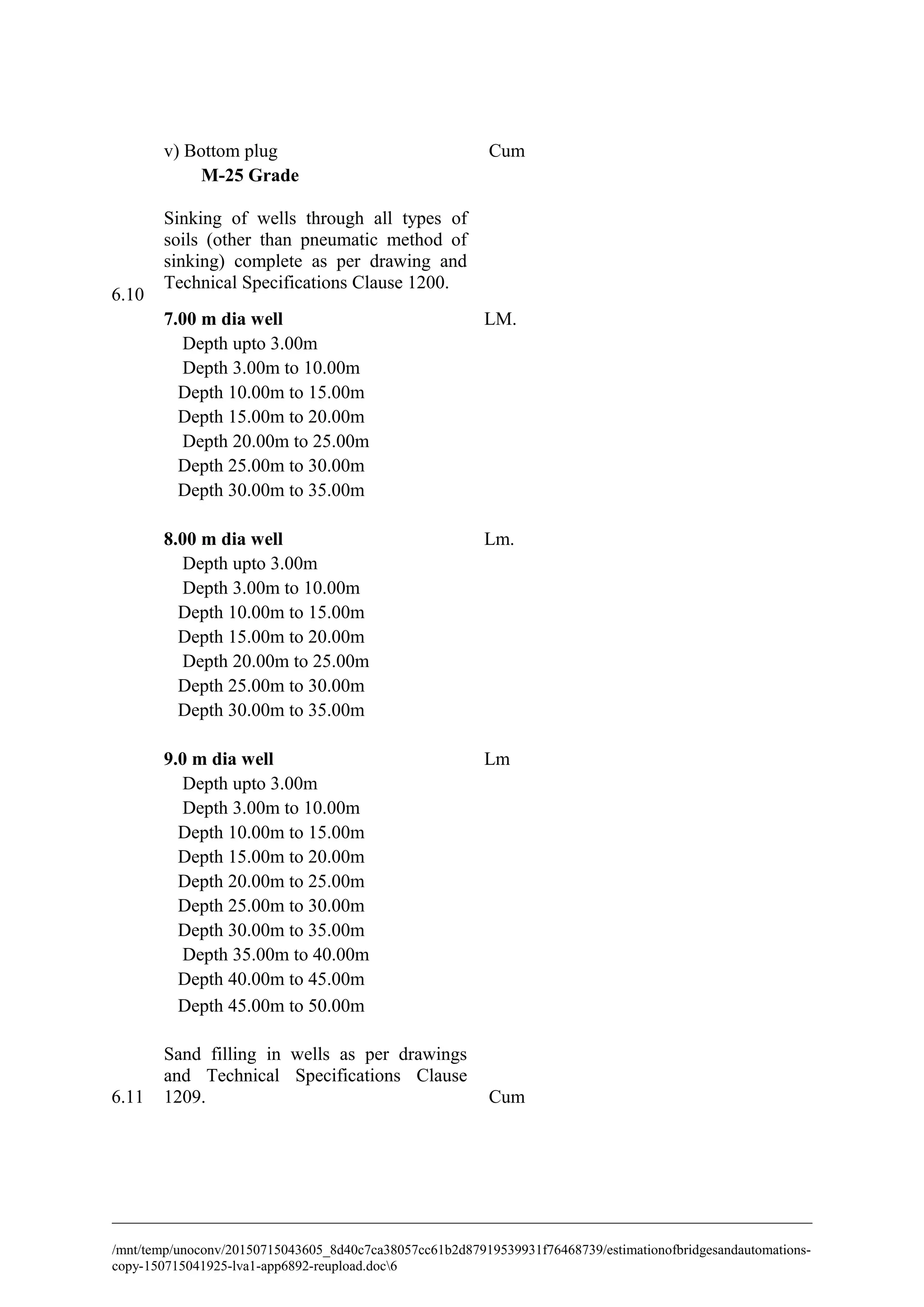v) Bottom plug Cum
M-25 Grade
6.10
Sinking of wells through all types of
soils (other than pneumatic method of
sinking) complete as per drawing and
Technical Specifications Clause 1200.
7.00 m dia well LM.
Depth upto 3.00m
Depth 3.00m to 10.00m
Depth 10.00m to 15.00m
Depth 15.00m to 20.00m
Depth 20.00m to 25.00m
Depth 25.00m to 30.00m
Depth 30.00m to 35.00m
8.00 m dia well Lm.
Depth upto 3.00m
Depth 3.00m to 10.00m
Depth 10.00m to 15.00m
Depth 15.00m to 20.00m
Depth 20.00m to 25.00m
Depth 25.00m to 30.00m
Depth 30.00m to 35.00m
9.0 m dia well Lm
Depth upto 3.00m
Depth 3.00m to 10.00m
Depth 10.00m to 15.00m
Depth 15.00m to 20.00m
Depth 20.00m to 25.00m
Depth 25.00m to 30.00m
Depth 30.00m to 35.00m
Depth 35.00m to 40.00m
Depth 40.00m to 45.00m
Depth 45.00m to 50.00m
6.11
Sand filling in wells as per drawings
and Technical Specifications Clause
1209. Cum
/mnt/temp/unoconv/20150715043605_8d40c7ca38057cc61b2d87919539931f76468739/estimationofbridgesandautomations-
copy-150715041925-lva1-app6892-reupload.doc6
 