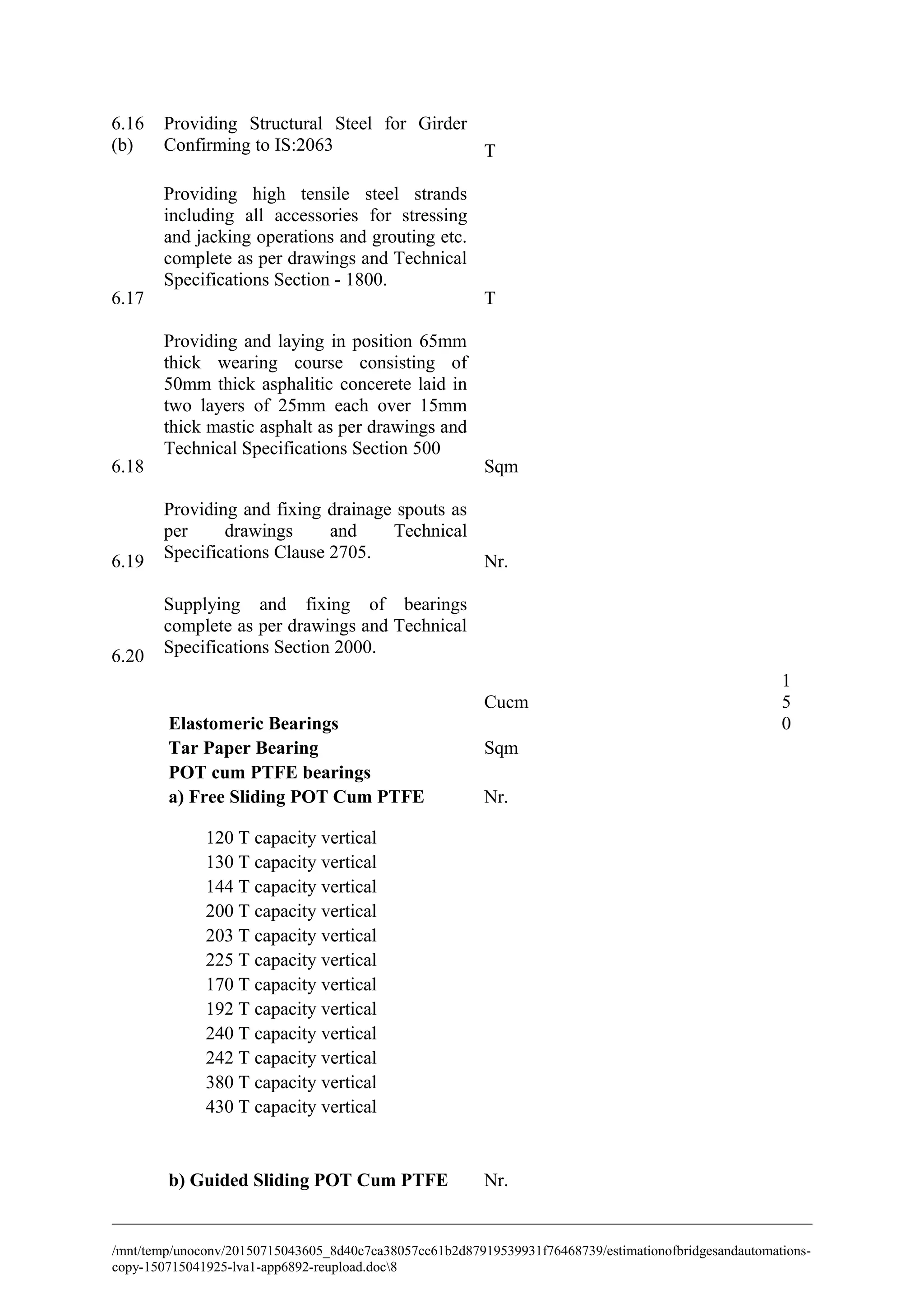 6.16
(b)
Providing Structural Steel for Girder
Confirming to IS:2063 T
6.17
Providing high tensile steel strands
including all accessories for stressing
and jacking operations and grouting etc.
complete as per drawings and Technical
Specifications Section - 1800.
T
6.18
Providing and laying in position 65mm
thick wearing course consisting of
50mm thick asphalitic concerete laid in
two layers of 25mm each over 15mm
thick mastic asphalt as per drawings and
Technical Specifications Section 500
Sqm
6.19
Providing and fixing drainage spouts as
per drawings and Technical
Specifications Clause 2705. Nr.
6.20
Supplying and fixing of bearings
complete as per drawings and Technical
Specifications Section 2000.
Elastomeric Bearings
Cucm
1
5
0
Tar Paper Bearing Sqm
POT cum PTFE bearings
a) Free Sliding POT Cum PTFE Nr.
120 T capacity vertical
130 T capacity vertical
144 T capacity vertical
200 T capacity vertical
203 T capacity vertical
225 T capacity vertical
170 T capacity vertical
192 T capacity vertical
240 T capacity vertical
242 T capacity vertical
380 T capacity vertical
430 T capacity vertical
b) Guided Sliding POT Cum PTFE Nr.
/mnt/temp/unoconv/20150715043605_8d40c7ca38057cc61b2d87919539931f76468739/estimationofbridgesandautomations-
copy-150715041925-lva1-app6892-reupload.doc8
 