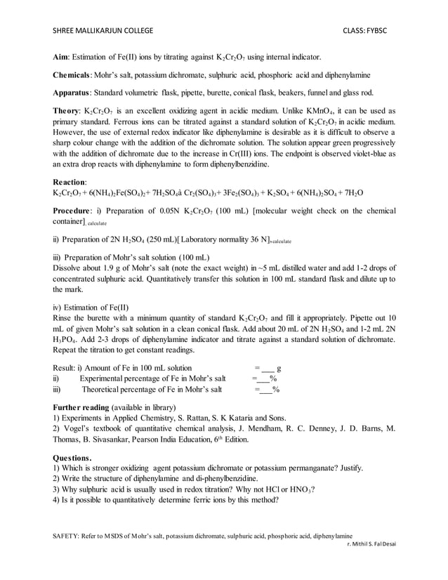 Estimation of fe(ii) ions by titrating against k2 cr2o7 using internal ...