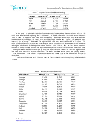 International Journal of Thales Engineering Sciences (JTHES)
13 | P a g e
www.thalespublisher.com
Table 1 Comparison of methods statistically.
METOT MBE(MJ/m2
) RMSE(MJ/m2
) R
ELM -0,2640 1,7746 0,9612
SVR -0,0043 1,9599 0,9515
k-NN 0,1450 2,4546 0,9250
LR 0,1588 5,2533 0,7243
Nu-SVR -0,2652 1,4972 0,9728
When table 1 is examined, The highest correlation coefficient value have been found 0,9728. This
result have been obtained by using Nu-SVR method. The lowest correlation coefficient value have been
found 0,7243. The obtained result have been got by using LR method. On the other hand, MBE values of
other methods is calculated. The lowest MBE value have been found 0,0043 MJ/m2. The obtained result
have been got by using SVR method. The highest MBE value have been calculated 0,2652 MJ/m2. This
result have been obtained by using Nu-SVR method. RMSE value also was calculated, which is important
to compare statistically. According to the results, lowest RMSE value is 1,4972 MJ/m2, which have been
obtained by using Nu-SVR method. So, It proved that this is the most successful method to estimate GSR.
, The highest RMSE value have been got by using LR method with 5,2533 MJ/m2 and also it proved that,
this is the least successful method to estimate GSR. Other methods RMSE values are varying between
1,7746 MJ/m2 and 2,4546 MJ/m2. These results shows that, ELM, SVR, k-NN methods are enough for
calculation.
Correlation coefficient (R) of locations, MBE, RMSE have been calculated by using the best method
Nu-SVR.
Table 2 Statistical results of locations.
LOKASYON MBE(MJ/m2
) RMSE(MJ/m2
) R
Amasya -0,2008 1,2280 0,9812
Antakya 0,3185 0,6428 0,9946
Antalya -2,0519 2,3409 0,9852
Balıkesir -0,4160 1,4705 0,9713
Bingol 1,1040 1,9876 0,9772
Bitlis -1,6446 1,9315 0,9875
Bursa 0,1060 1,2798 0,9749
Diyarbakır -0,1068 1,0857 0,9877
Denizli -0,7700 1,4644 0,9737
Edirne -1,8345 2,1111 0,9887
Gaziantep -0,2504 0,8017 0,9914
Gümüshane -1,1129 1,5437 0,9883
Hakkarı 0,3520 1,6268 0,9727
Igdır -0,4361 1,3683 0,9753
İstanbul -0,1089 1,0919 0,9865
İzmir -1,0915 1,8261 0,9800
 