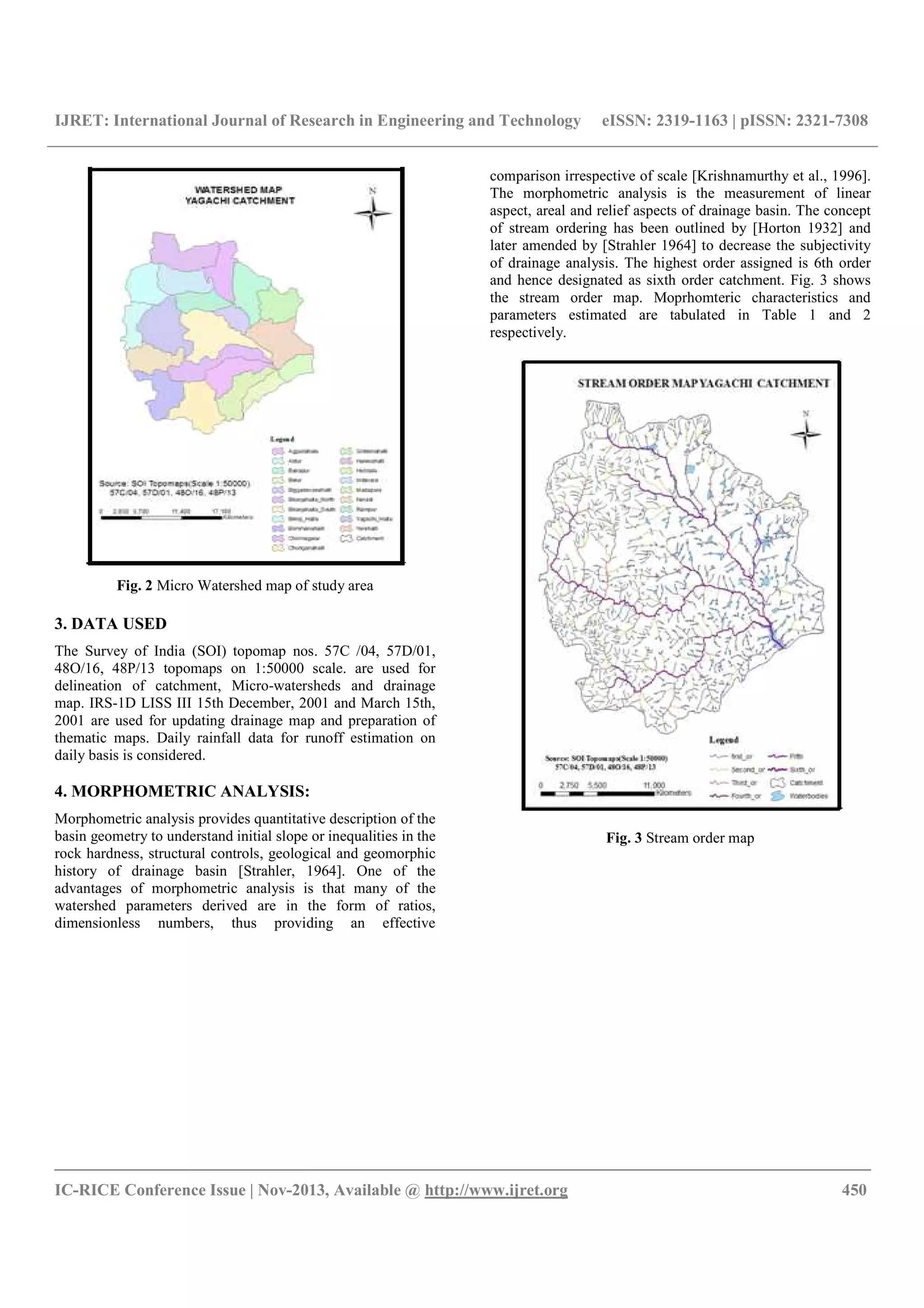 IJRET: International Journal of Research in Engineering and Technology eISSN: 2319-1163 | pISSN: 2321-7308
__________________________________________________________________________________________
IC-RICE Conference Issue | Nov-2013, Available @ http://www.ijret.org 450
Fig. 2 Micro Watershed map of study area
3. DATA USED
The Survey of India (SOI) topomap nos. 57C /04, 57D/01,
48O/16, 48P/13 topomaps on 1:50000 scale. are used for
delineation of catchment, Micro-watersheds and drainage
map. IRS-1D LISS III 15th December, 2001 and March 15th,
2001 are used for updating drainage map and preparation of
thematic maps. Daily rainfall data for runoff estimation on
daily basis is considered.
4. MORPHOMETRIC ANALYSIS:
Morphometric analysis provides quantitative description of the
basin geometry to understand initial slope or inequalities in the
rock hardness, structural controls, geological and geomorphic
history of drainage basin [Strahler, 1964]. One of the
advantages of morphometric analysis is that many of the
watershed parameters derived are in the form of ratios,
dimensionless numbers, thus providing an effective
comparison irrespective of scale [Krishnamurthy et al., 1996].
The morphometric analysis is the measurement of linear
aspect, areal and relief aspects of drainage basin. The concept
of stream ordering has been outlined by [Horton 1932] and
later amended by [Strahler 1964] to decrease the subjectivity
of drainage analysis. The highest order assigned is 6th order
and hence designated as sixth order catchment. Fig. 3 shows
the stream order map. Moprhomteric characteristics and
parameters estimated are tabulated in Table 1 and 2
respectively.
Fig. 3 Stream order map
 